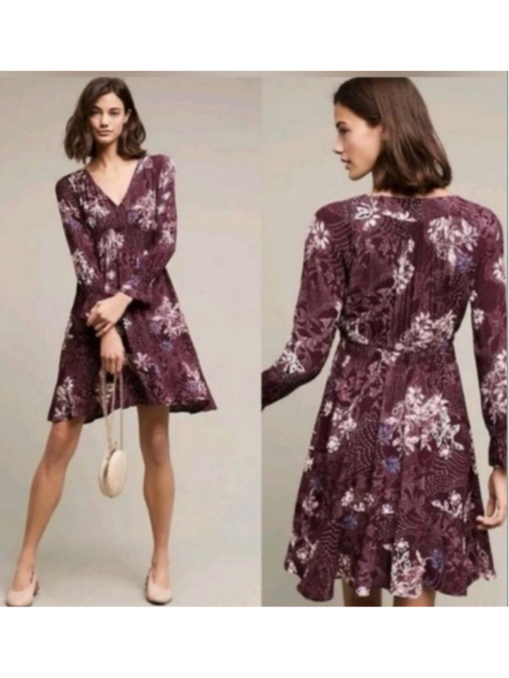 Maeve Women's V-Neck Floral A-Line Mini Dress Long Sleeve Purple XL Boho Floral